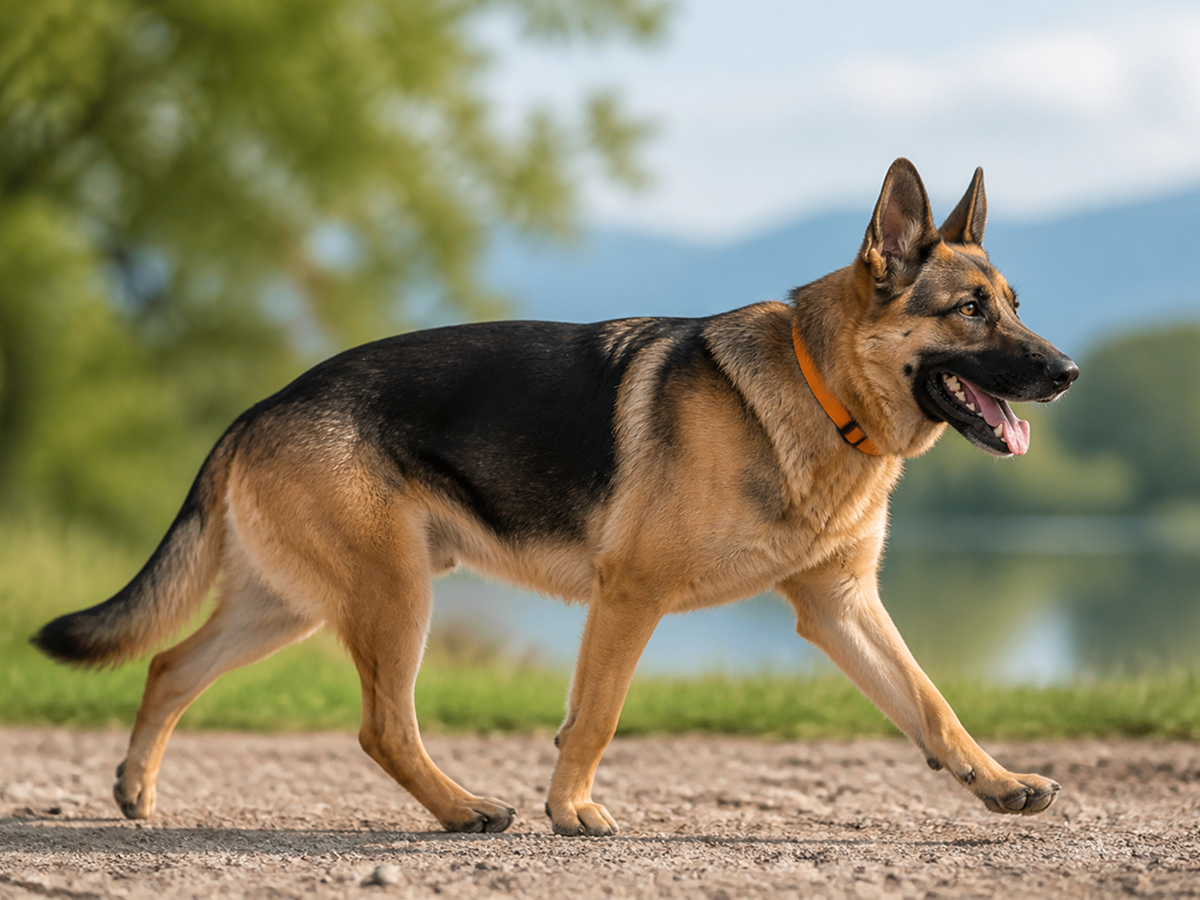 A large breed dog mid-stride on a walk