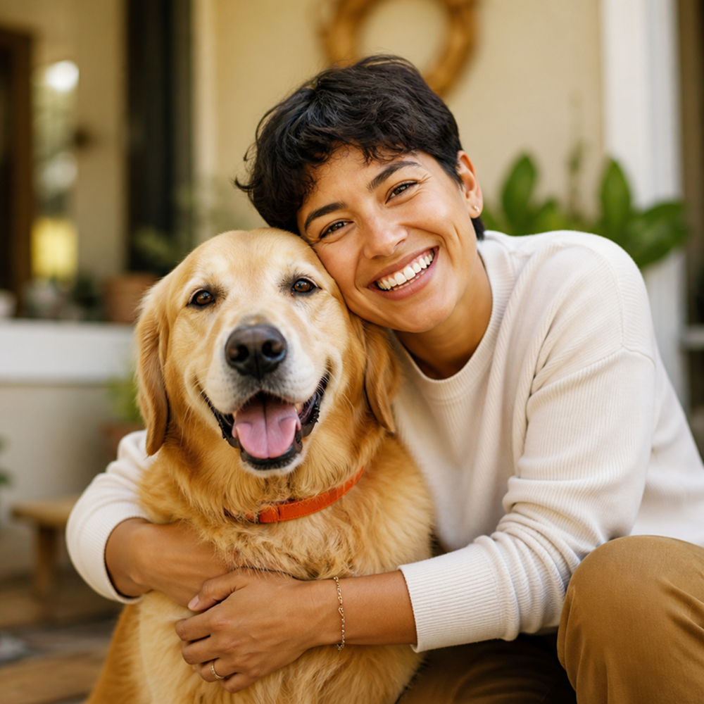 A happy owner and their large breed dog