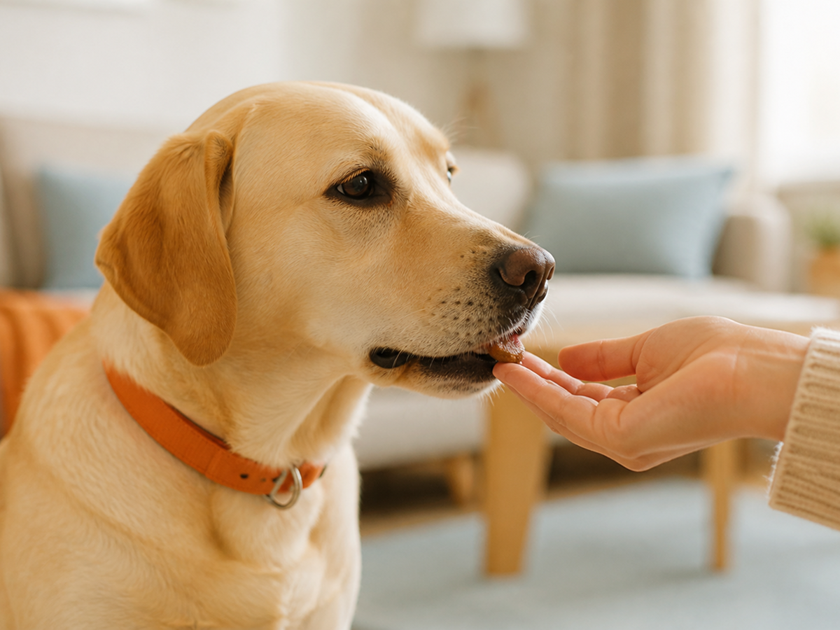 A large breed dog calmly taking a measured treat, reward based